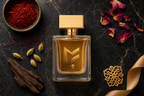 Mark Fashion Signature Perfume — luxury fragrance product photo, Oud flat lay