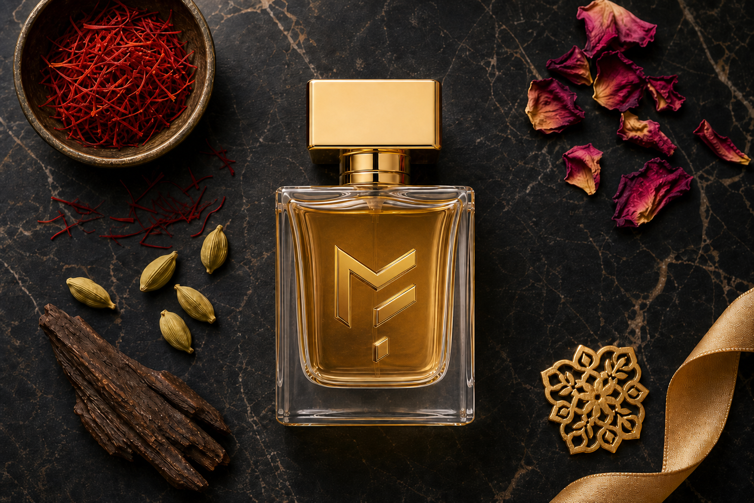 Mark Fashion Signature Perfume — luxury fragrance product photo, Oud flat lay
